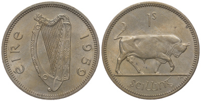 ИРЛАНДИЯ 1 ШИЛЛИНГ 1959 БЫК KM 14a медно-никель 4390-321