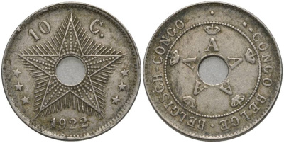 Бельгийское Конго 10 сантимов 1922 Альберт I (1909-1934) KM 18 медно-никель 27-1132