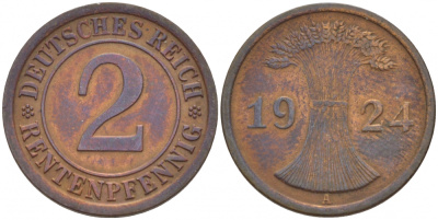 ГЕРМАНИЯ 2 РЕНТЕНПФЕННИГА 1924 A KM 31, J.307 бронза 110-235