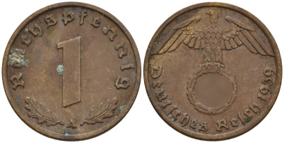 Германия 1 рейхспфенниг 1939 A KM 89, J. 361 бронза 4147-1162