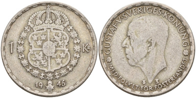 Швеция 1 крона 1946 TS, Густав V (1907-1950) KM 814 серебро 4148-1031
