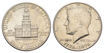 США 1/2 доллара (50 центов) 1976 D, 200 лет независимости, Джон Кеннеди KM 205 медь плакированная медно-никелем aUNC 4545-1234
