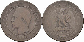 ФРАНЦИЯ 10 САНТИМОВ 1856 K, НАПОЛЕОН III (1852-1870) KM 771.5, LE FRANC 133.36 бронза 38-1143