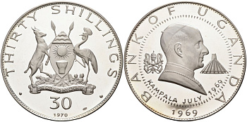 Уганда 30 шиллингов 1970 визит папы Павла VI, 60 гр. KM 13 серебро PROOF 00-00