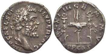Римская Империя денарий 193 Септимий Север, IMP CAE L SEP SEV PERT AVG, бюст императора / LEG X IIII GEM M V TR P COS, орел и штандарты XIV-го легиона, Рим, 2,45 гр RIC 14 серебро 1073-18-65