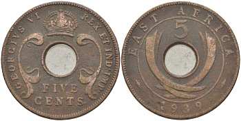 Британская Восточная Африка 5 центов 1939 Георг VI (1936-1952) KM 25.1 бронза 210-115