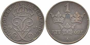 Швеция 1 эре 1913 Густав V (1907-1950), LONG TAILED 9 KM 777.2 бронза 3309-767