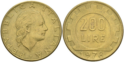 Италия 200 лир 1978 R, шестерня KM 105 алюминиевая бронза 4171-946