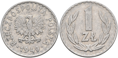 Польша 1 злотый 1949 год тип KM 45а алюминий  4595-222