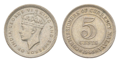 Малайя 5 центов 1945 Георг VI (1936-1952) KM 3a серебро 4679-713