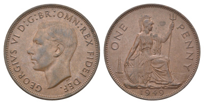 Великобритания 1 пенни 1949 Георг VI (1936-1952), редкий год KM 869, Spink 4117 бронза 5010-2043