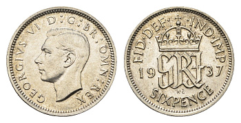 Великобритания 6 пенсов 1937 Георг VI (1936-1952) KM 852, Spink 4084 серебро aUNC 4690-763