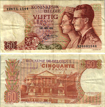 БЕЛЬГИЯ 50 ФРАНКОВ 1966 16 МАЯ 1966, ПОДПИСЬ 20, КОРОЛЬ БОДУЭН И КОРОЛЕВА ФАБИОЛА Pick 139 бумага 7486-49-1-2
