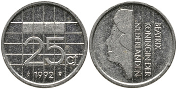 НИДЕРЛАНДЫ 25 ЦЕНТОВ 1992 БЕАТРИКС KM 204 никель 96-1261