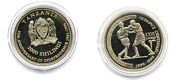 Танзания 2000 шиллингов 1996 XXVI Олимпийские игры 1996 года в Атланте, 100 лет Олимпийскому движению, боксеры, пробник, рубчатый гурт латунь PROOF 06-157-15