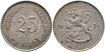 ФИНЛЯНДИЯ 25 ПЕННИ 1934 S KM 25 медно-никель 4387-456