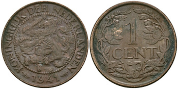 Нидерланды 1 цент 1941 Вильгельмина (1890-1948) KM 152 бронза 4576-1151