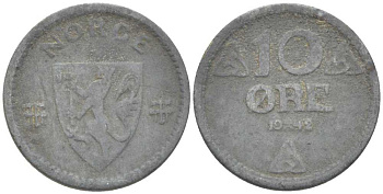 НОРВЕГИЯ 10 ЭРЕ 1942 ХАКОН VII (1905-1957) KM 389 цинк 211-1169