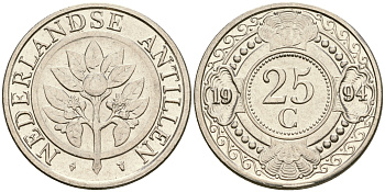 Нидерландские Антилы 25 центов 1994 Беатрикс (1980-2013) KM 35 сталь плакированная никелем 4364-1831