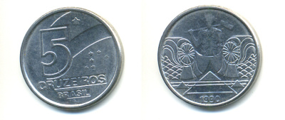 Бразилия 5 крузейро 1990 фермер KM 618.1 нержавеющая сталь aUNC 93-643