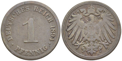 ГЕРМАНИЯ 1 ПФЕННИГ 1894 D KM 10, Jager. 10, Weege 2 медь 4528-1131