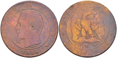 Франция 10 сантимов 1856 W, Наполеон III (1852-1870) KM 771.7, Le Franc 133.38 бронза 4183-1214