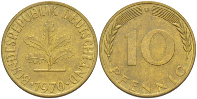 ФРГ 10 ПФЕННИГОВ 1970 D KM 108, J. 383 сталь плакированная латунью 219-436