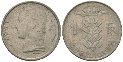 Бельгия 1 франк 1977 Belgique, Бодуэн I (1951-1993) KM 142 медно-никель 4621-364