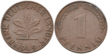 ФРГ 1 пфенниг 1949 J KM A101, J. 376 сталь плакированная бронзой    4594-1269