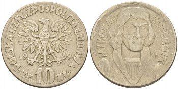 ПОЛЬША 10 ЗЛОТЫХ 1959 НИКОЛАЙ КОПЕРНИК KM 51 медно-никель 4403-533