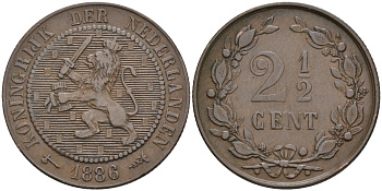 Нидерланды 2 1/2 цента 1886 Виллем III (1849-1890) KM 109 бронза 4575-922