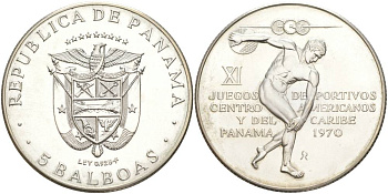 Панама 5 бальбоа 1970 XI Центрально-Американские и Карибские игры, дискобол KM 28 серебро UNC 1091-4-44