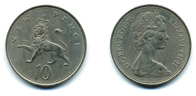 Великобритания 10 пенсов 1970 Елизавета II (1952-2022) KM 912, Spink 4231 (F1) медно-никель  4110-1236