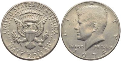 США 1/2 доллара (50 центов) 1974 Джон Кеннеди KM 202b медь плакированная медно-никелем 109-1025