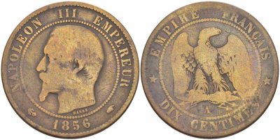 Франция 10 сантимов 1856 A, Наполеон III (1852-1870) KM 771.1, Le Franc 133.32 бронза    4680-614