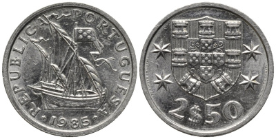 Португалия 2,5 эскудо 1985 парусник KM 590 медно-никель 54-759