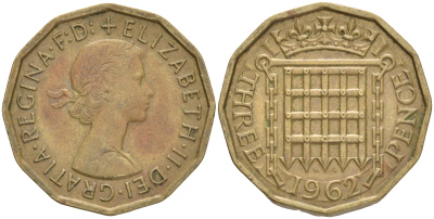 Великобритания 3 пенса 1962 Елизавета II (1952-2022) KM 900, Spink 4153 никель латунь 4556-512