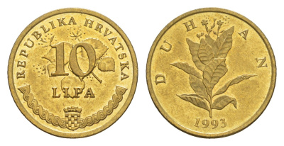 Хорватия 10 лип 1993 табак обыкновенный, нечетный год KM 6 сталь плакированная латунью UNC 3309-365