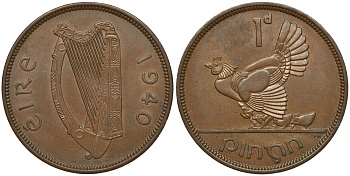 Ирландия 1 пенни 1940 курица с цыплятами KM 11 бронза aUNC 272-1712