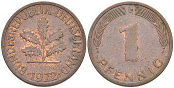 ФРГ 1 ПФЕННИГ 1972 D KM 105, J. 380 сталь плакированная медью 4181-564