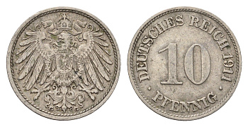Германия 10 пфеннигов 1911 G, Вильгельм II (1888-1918) KM 12, J. 13 медно-никель 4636-928
