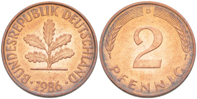 ФРГ 2 ПФЕННИГА 1986 D KM 106а, J. 381а сталь плакированная сталь плакированная медьюю 4181-851