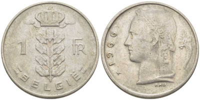 БЕЛЬГИЯ 1 ФРАНК 1966 BELGIE, БОДУЭН I (1951-1993) KM 143.1 медно-никель 119-612