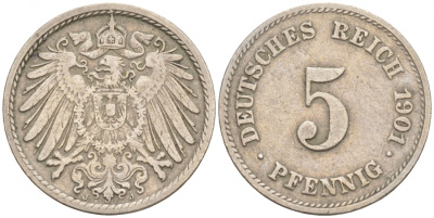 ГЕРМАНИЯ 5 ПФЕННИГОВ 1901 J, KM 11, J. 12 медно-никель 73-667