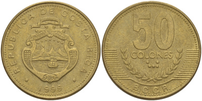 КОСТА-РИКА 50 КОЛОН 1999 KM 231.1 латунь 82-216