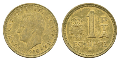 Испания 1 песета 1980 (82) чемпионат мира по футболу в Испании 1982 года, Хуан Карлос I (1975-2014) KM 816 алюминиевая бронза 4674-451