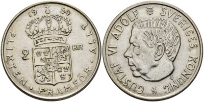 Швеция 2 кроны 1954 TS, Густав VI Адольф (1950-1973) KM 827 серебро 4517-534