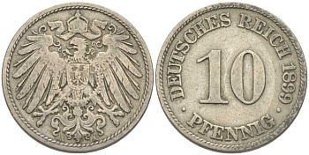 ГЕРМАНИЯ 10 ПФЕННИГОВ 1899 А KM 12, J. 13 медно-никель 210-633