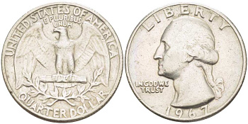 США 25 центов (квотер) 1967 Вашингтон KM 164a медь плакированная медно-никелем 4402-1156