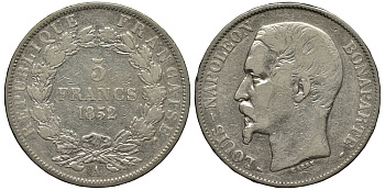 ФРАНЦИЯ 5 ФРАНКОВ 1852 А, ЛУИ НАПОЛЕОН БОНАПАРТ KM 773.1 серебро 1524-1132